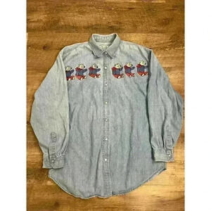 Vtg 80's Whistles Pearl Snap Denim Button Up Shirt Bear Embroidered Size M